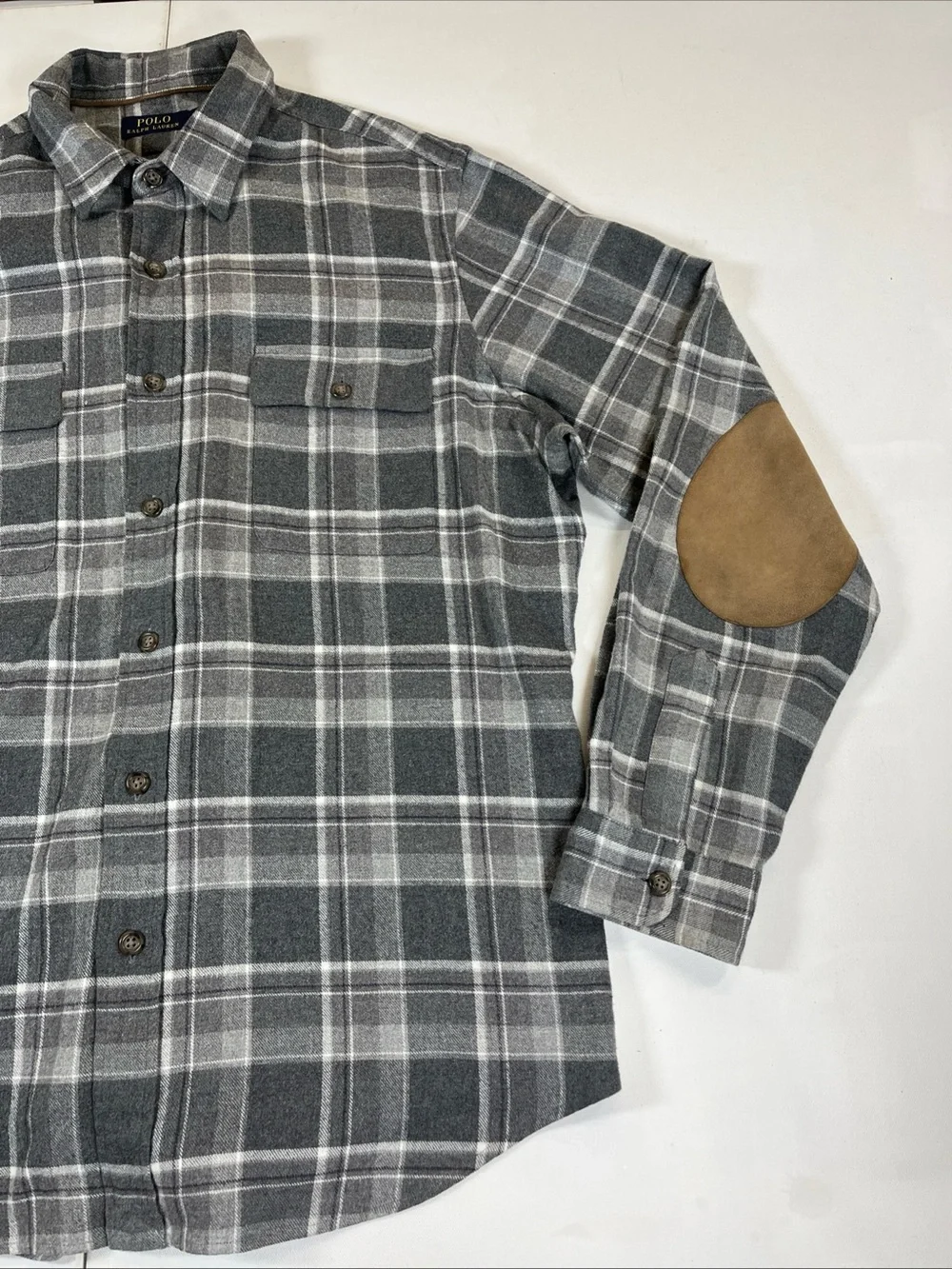 Polo Ralph Lauren Flannel Shirt Gray Plaid Elbow Patch Button Up Soft Men’s XL
